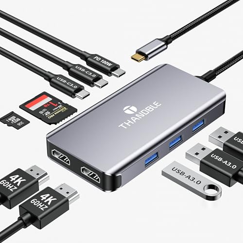 USB C Hub USB C Docking Station Dual Monitor 10 in 1 Multi Monitor Adapter with 2 HDMI, 3 USB-A, 2 Type-C, SDTF, 100W PD Charging, Dongle for MacBookDellHPLenovo ThinkPadSurface