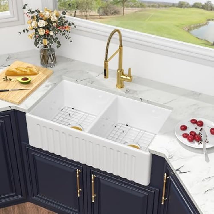 33 Double Bowl Farmhouse Sink - Kichae 33X20 Inch Kitchen Sink Reversible Apron Front Fireclay Ceramic Porcelain White Double Basin 5050 Kitchen Sink