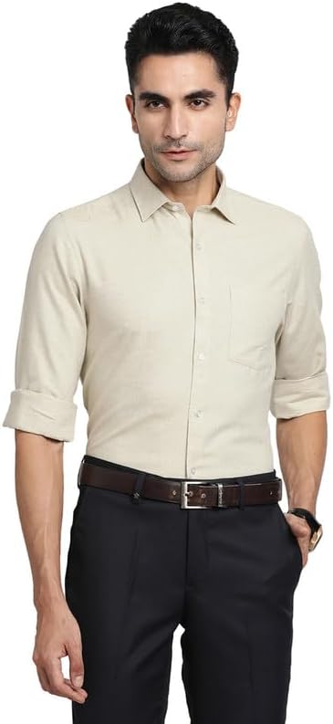 Turtle Men's 100% Cotton Beige Solid Slim Fit Formal Shirts