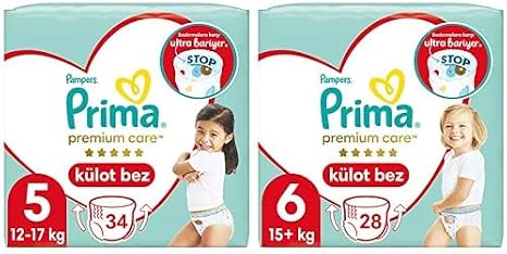 Prima Külot Bebek Bezi Premium Care 5 Beden 34 Adet Junior İkiz Paket & Prima Külot Bebek Bezi Premium Care 6 Numara 28'li 15+ kg