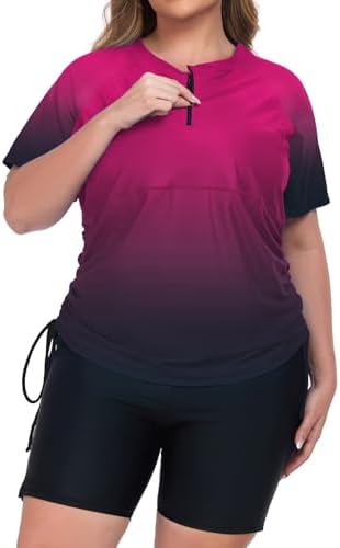 Inno Women's 2 Pcs Plus Size Rash Guard Set with Built-in Bra Zip Swim Top UPF 50+ Adjustable Ruched Side Swimsuit