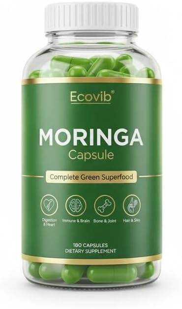 Moringa Capsules, 180 Vegan Capsules, 600 mg | ECOVIB Moringa Capsules Organic Superfood, Energy Support, Immunity Support, Detox Support