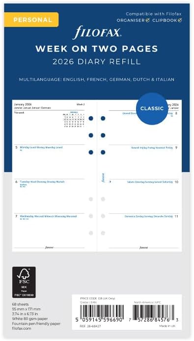 Filofax Calendar Diary Refill, Personal/Compact Size, Week-to-View, White Paper, Unruled, Multilingual: Five Languages, 2026 (C68427-26)