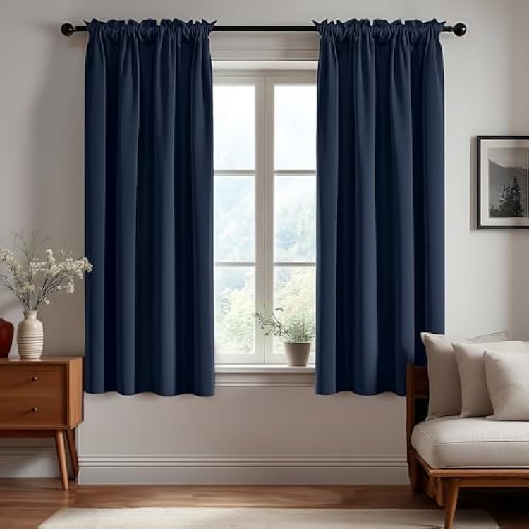 Deconovo Blackout Curtains Panels for Bedroom - Thermal Insulated Rod Pocket Room Darkening Drapes, Noise-Reducing Curtains, 38W x 45L Inch, Navy Blue, 2 Panels