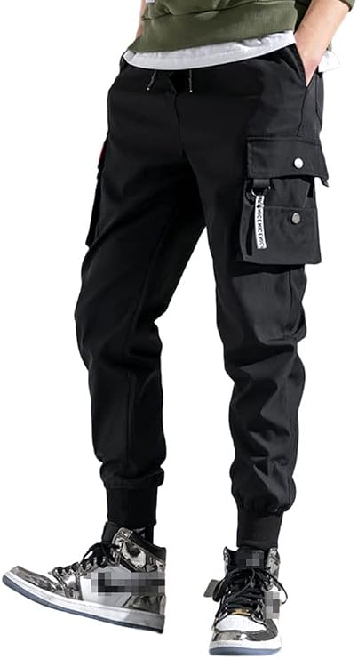 Mens Fashion Streetwear Black Cargo Jogger Pants Active Elastic Waist Hip Hop Punk Sport Jogger Pants with Multi Pockets