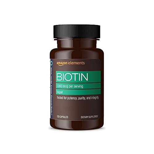Amazon Elements Vegan Biotin 5000 mcg, Support for Hair, Skin, and Nails, Dietary Supplement, 130 Capsules, 4 Month Supply