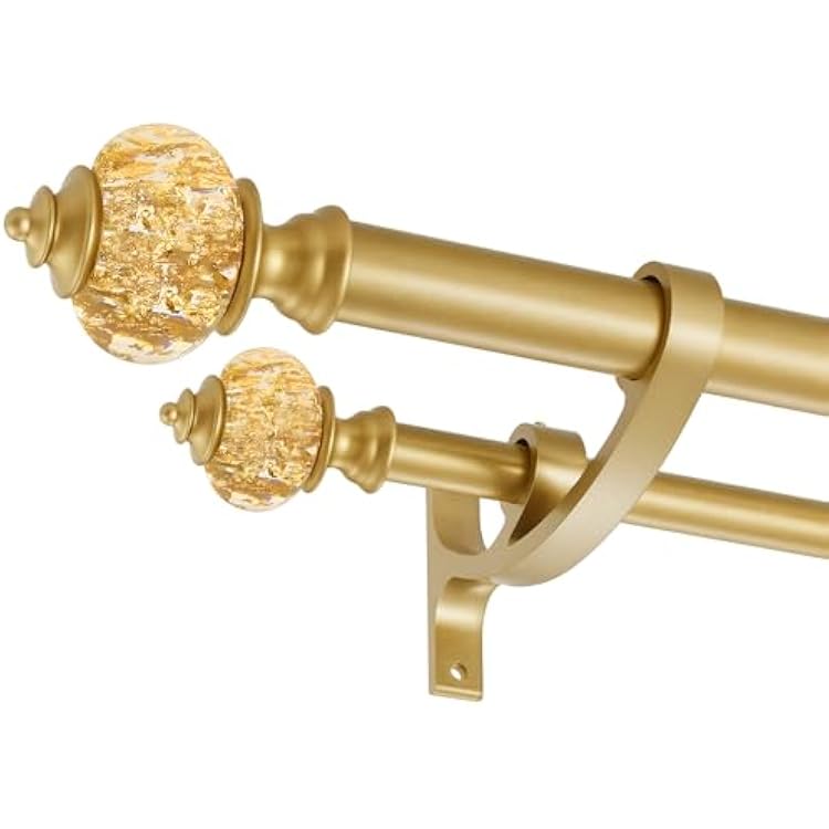 Double Curtain Rods for Windows 72 to 144 Inches, 1 Inch Front and 58 Inch Back Heavy Duty Double Curtain Rod, Double Drapery Rod with Stacking Tower Translucent Finials and Aluminum Bracket, Gold