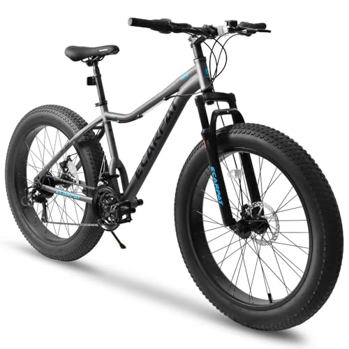 26 Inch Fat Tires Mountain Bike, 21-Speed All Terrain Bicycle with Disc Brakes & 4 Wide Fat Tire, City Snow Beach for Adults and Teenagers, Mens and Womens Mountain Bikes