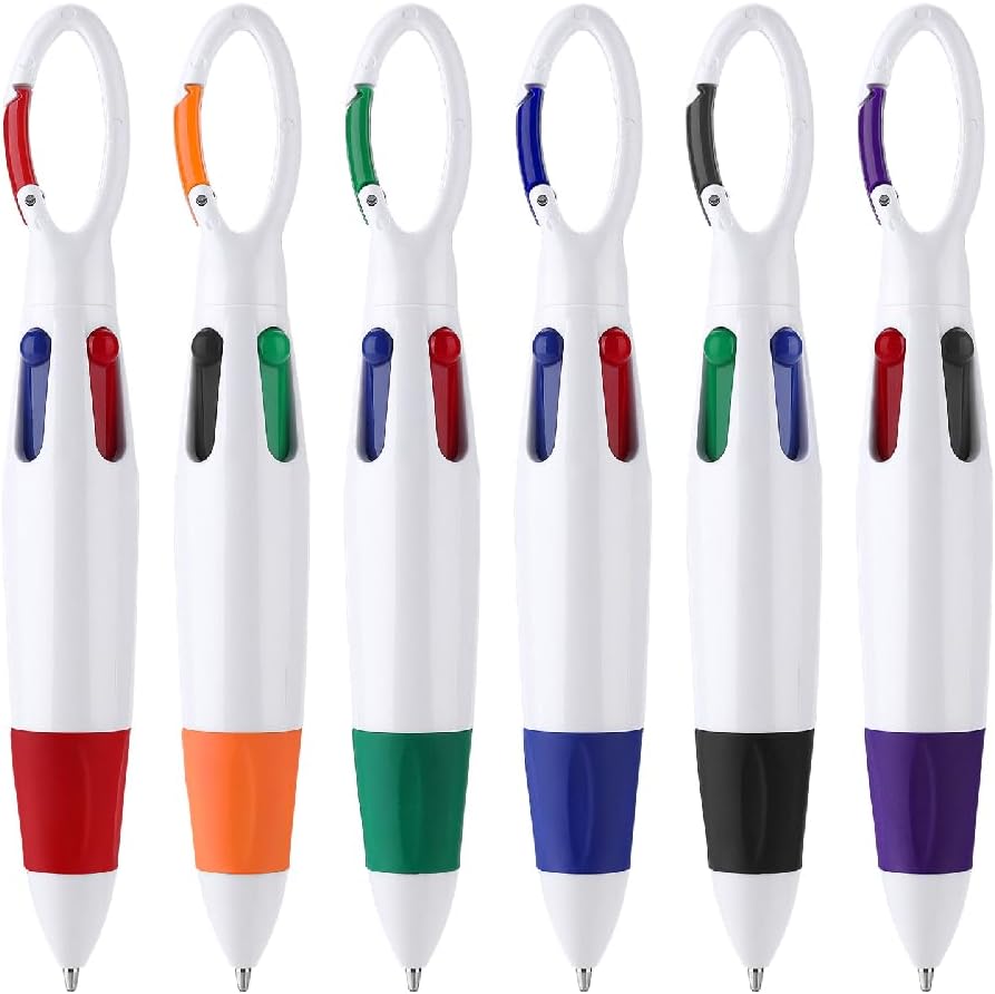 Bewudy 6Pcs Shuttle Pens with Carabiner Clip, 4-in-1 Multicolor Pens Retractable Ballpoint Pens with Buckle Keychain on Top for Nurse Pens Office School Supplies Gifts Party Favors 6 PCS