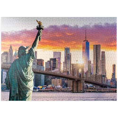 MyPuzzle Statue of Liberty and New York City Skyline At Sunset USA - Premium 1000 Piece Jigsaw Puzzle for Adults