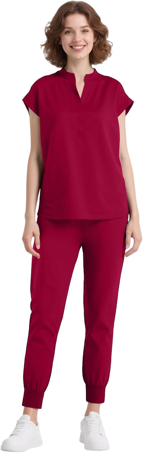 Scrubs for Women Set Nurse Uniform, Mandarin Collar Scrub Top & Jogger Pant, 8 Pockets, Yoga Waistband, 4 Way Stretch