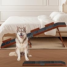 Easyego Foldable Dog Ramp for Bed, 74" Wood Pet Ramp with Side Rails and High Traction Carpet, 22 Gentle Long Slope, Top Landing Platform, Supports up to 200 LBS for Senior Dogs - Vintage Walnut