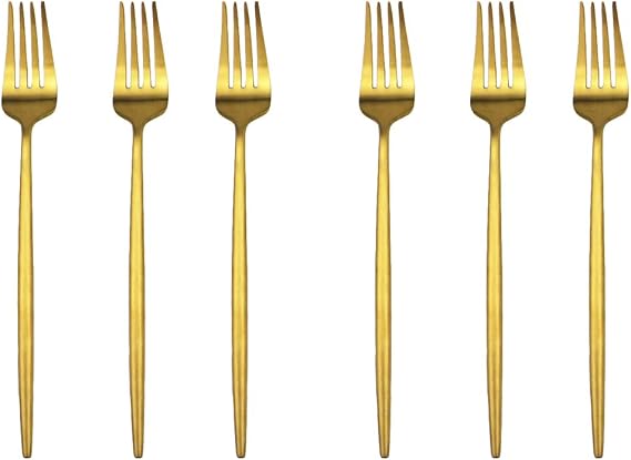 Golden Stain Flatware, Modern 6 Pieces Matte Gold 304 Stainless Steel Dessert Fork Salad Fork 7.2", Camping Dinnerware Set Tableware Wedding Festival Christmas Eating Utensils