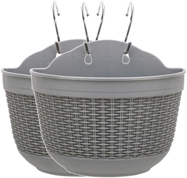 2 Pcs Wall Hanging Planters Flower Pot, Indoor Outdoor Plant Basket with S hook, Imitation Rattan Semicircle Flower Holder Hanger for Balcony Fence Window Trellis Mounted Medium,Grey