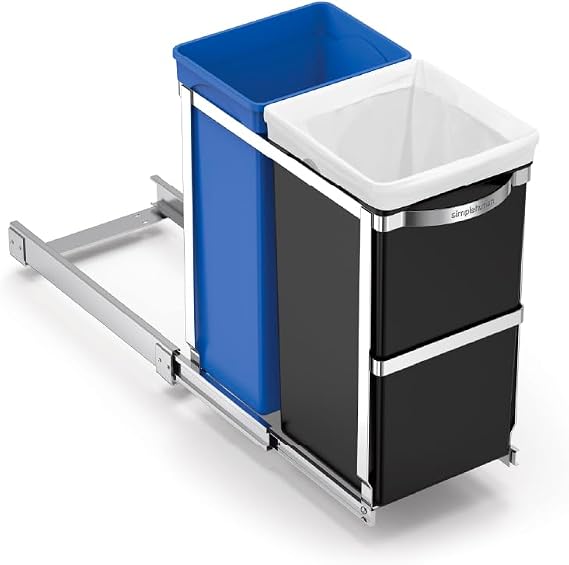 simplehuman CW1016 35L (20/15) Pull-out Recycling Kitchen Cupboard Cabinet Bin, Easy to Install, Commercial-Grade Ball-Bearing Tracks, Easy-Access Handle, Polished Heavy-Duty Steel Frame