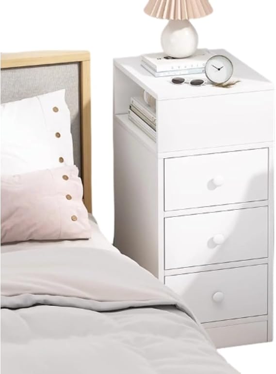 Bedside Table, Slim, Cabinet with Drawer, White Wood, Designed for Small Apartments, Width 30cm, Shelf, Drawer, Storage Rack, Bedside Accessories, Side Table, Easy Assembly A,3 Drawers 30cm