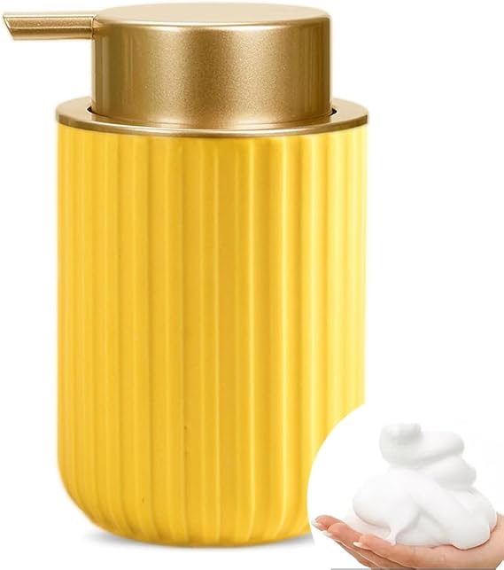 Foaming Hand Soap Dispenser, Kitchen Soap Dispenser with Gold Soap Pump, Ceramic Foam Soap Dispenser for Bathroom,11OZ Refillable Soap Dispenser for Sanitizer, Hand Wash (Yellow)