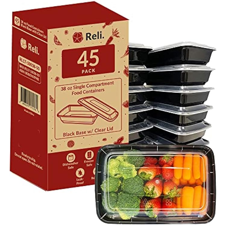 Reli. Meal Prep Containers, 38 oz. | 45 Pack | Large 1 Compartment Food Container wClear Lids | Microwavable Food Storage | Black Reusable Bento BoxLunch Box for FoodMeal Prep