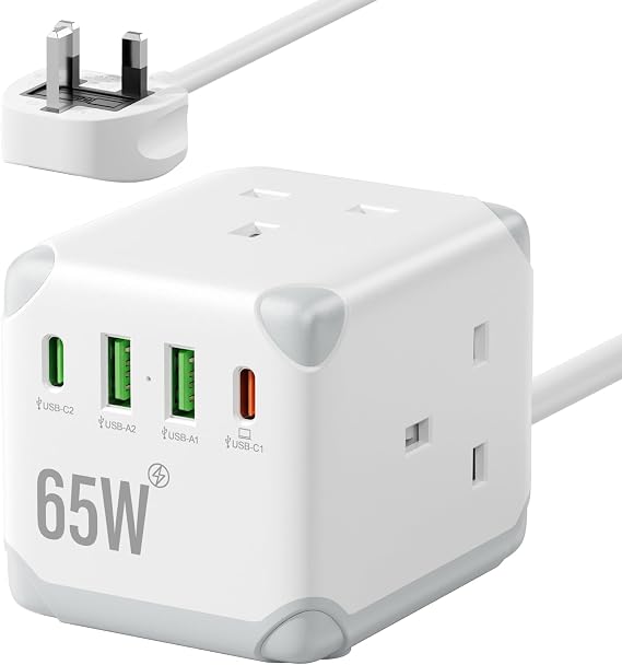 Cube Extension Lead with USB C PD65W Fast Charging, 3 Way Multi Plug Extension Socket with 2 USB-A & 2 USB-C Ports, UK Power Strip with Switch, 13A Fused Plug, 1.5M Extension Cable for Home Office