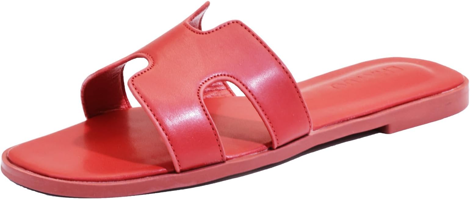 Women's Flat Sandals, Ladies Slip on Leather Slippers, Comfy Dressy Flat Shoes Elegant Slides Summer Fall Spring Cute Open Toe Casual Wear