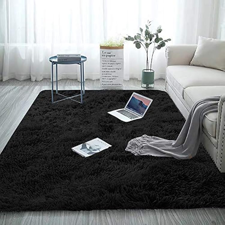 Soft Shag Faux Fur 3x5 Area Rug Warm Floor Rugs for Bedroom Living Room,Non-Slip Plush Fluffy Comfy Furry Fur Rugs Babys Care Crawling Carpet Black
