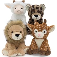 MorisMos 4 Pcs Bulk Stuffed Animals Woodland Plush, 8 Inch Lion Leopard Deer Goat Plush Toys for Kids, Prairie Animal Plushies, Baby Shower Decorations Party Favors