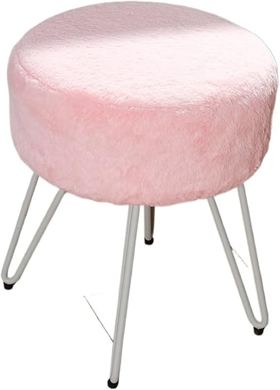 Foot Stool Home Stool Bedroom Furry Dressing Stool Round Cushioned Decorative Chair Leisure(Pink)