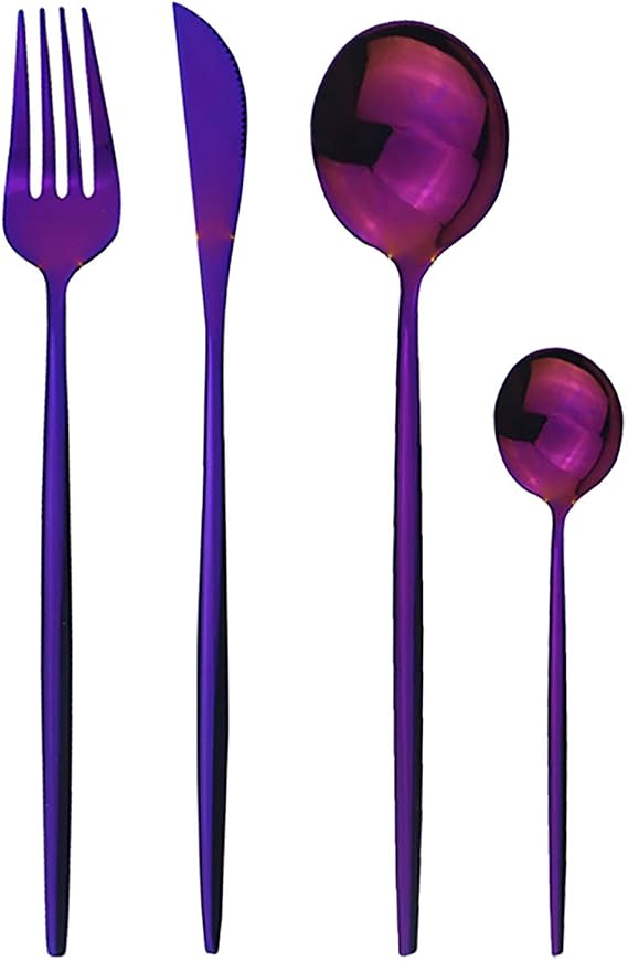 4pcs Dinnerware Set 18/0 Stainless Steel,Golden Flatware Set for 1 Person, Kitchen Silverware Cutlery Tableware Anti-rust Utensil Set, Steak Knife Set (Service for 1, Purple)