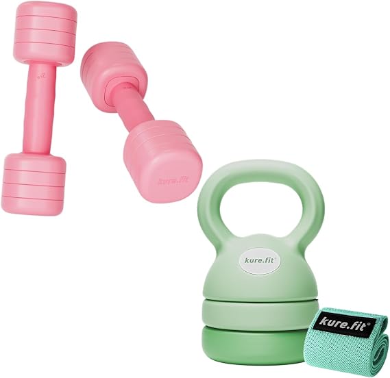 Pink Adjustable Dumbbell (5 lbs) and Green Adjustable Kettlebell (12 lbs) Bundle