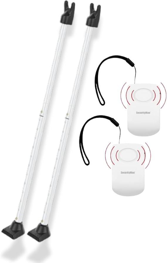 SECURITYMAN 2-in-1 Door Security Bar (2 Pack - White) & Door Handle Alarm (2 Pack) Heavy-Duty Iron Door Jammer & 130dB Vibration-Triggered Portable Alarm for Home, Travel, and Hotel Security
