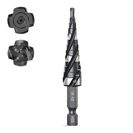 THINKWORK Four Spiral Flute Step Drill Bit, HSS Step Drill Bits 1/8"-1/2"(13 Step) Unibit Step Drill Bit, 1/4" Shank Step Bits for Aluminum, Wood, Plastic, Metal