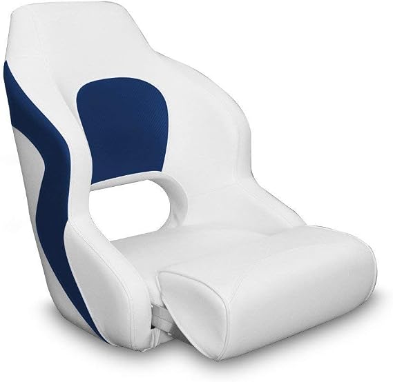 Captain's Bucket Flip-Up Bolster Seat - White/Blue Style. Lumbar & Shoulder Support.