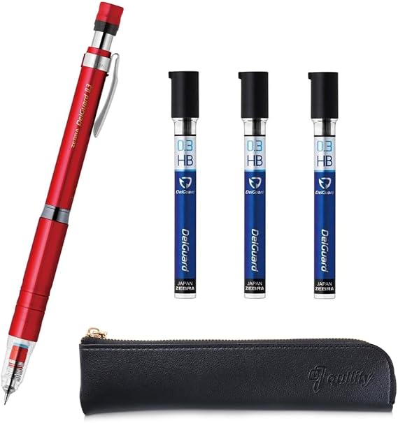 Delguard ZEBRA Type Lx 0.3 and 0.3 HB leads, qullity original Black slim pen case (Red), 1 Count (Pack of 5)