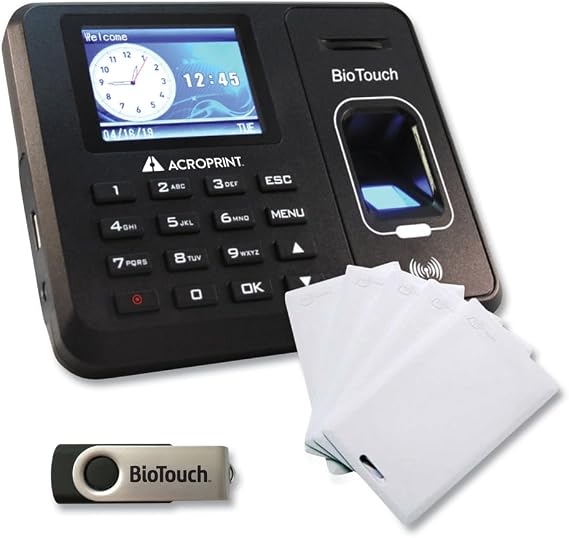 Acroprint Biotouch Time Clock and Badges Bundle, 10,000 Employees, Black