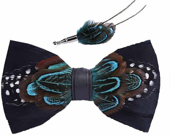 Psivika Feather Bow Ties Peacock Pre-tied Bow Tie and Brooch Sets with GIFT BOX for Wedding Dating Banquet