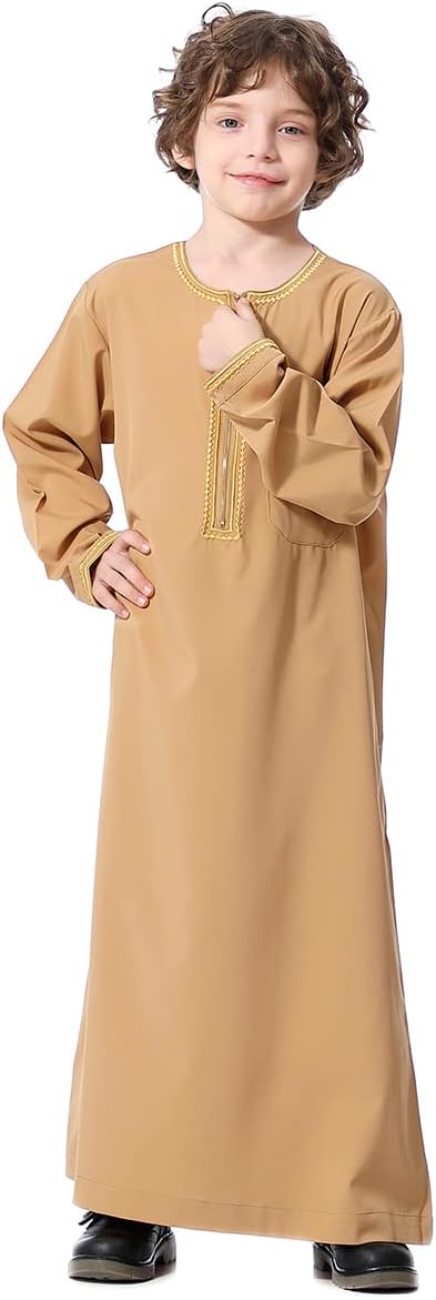 OBEEII Boy's Muslim Arab Solid Color Thobe Long Sleeve Kaftan Embroidered Robe Islamic Arabic Abaya Thobe
