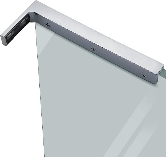 LukLoy Fixed Glass Shower Panel Wall to Glass Support Bar, Frameless Glass Clamp L Shape Stabilizer Mounting Bracket, No-Drill-in-Glass (Mirror Chrome, Glass on The Right)