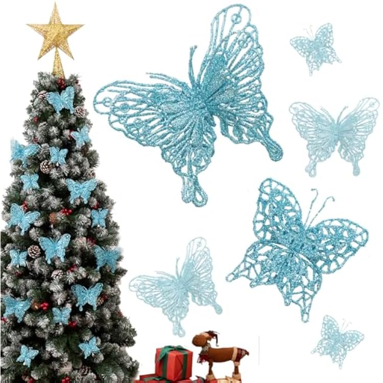 16 Pcs 2 Size Christmas Tree Butterfly Decorations, Glitter Hollow Butterfly Ornaments for Christmas Tree and Holiday Crafts, Blue