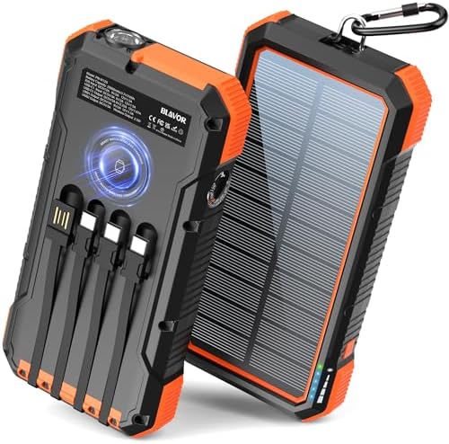 BLAVOR Solar Power Bank 74000mWh Built in 4 Cables, 20W Fast Charging Portable Charger with Wireless Charger for Apple Watch, Super Bright Flashlight, Compatible with All Phones and Electronic Devices