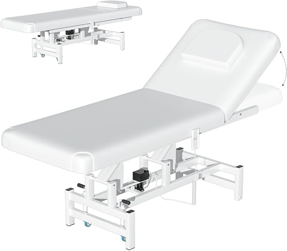 Ceridwen Stationary Massage Table with with Memory Foam & PU Leather,Wooden Frame Massage Table with Adjustable BackRest,Heavy Duty Spa Bed for Physical Therapy (White, Electric)