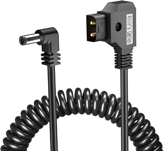 Alvin's Cables D-tap to DC Power Cable 12V 5.5mm2.1mm DC Coiled Cable for Canon C70, Atomos Shogun, Blackmagic Video Assist, SmallHD Indie 7, Right Angle DC