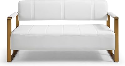 57.9 Leather Loveseat Sofa - Upholstery Faux Bonded Leather Accent Futon Couch with Metal Square Arms for Living Room, Office, Apartment Bonded Leather, White