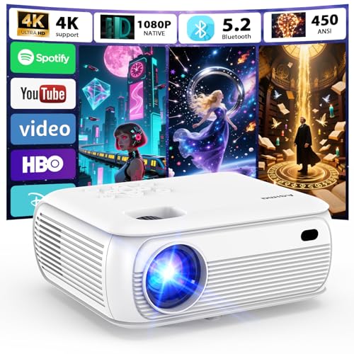 [Smart OS1080P Native] 2K with WiFi and Bluetooth 1080P Native 4K Support 450ANSI Built-in Apps Smart Android TV OS Projector, WiFi 6, Bluetooth 5.2 & Digital Keystone Projector, White