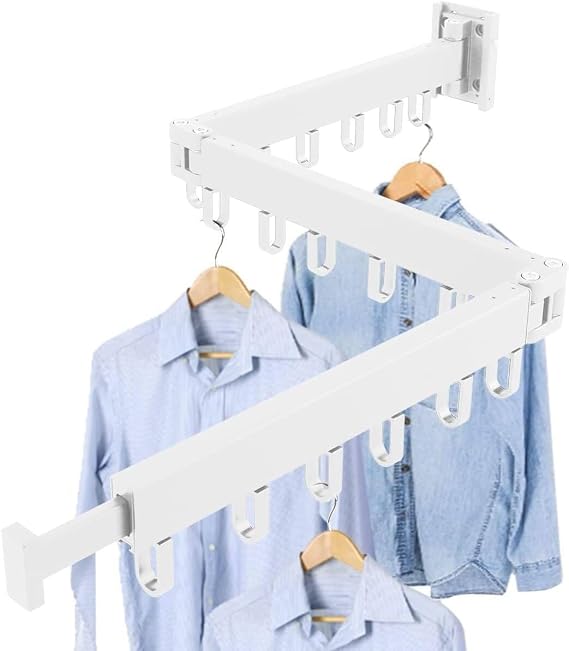 Clothes Drying Rack Wall Mounted, Foldable Clothes Airer with Hooks, Retractable Laundry Drying Rack Indoor Folding, Space Saver Clothes Drying Hanger Racks (White - Three Rod - 114cm)