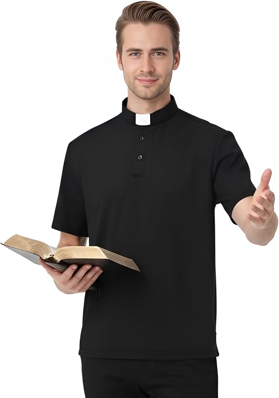 Men's Clergy Tab Collar Polo Shirt Short Sleeve Pastor Minister Preacher Shirt