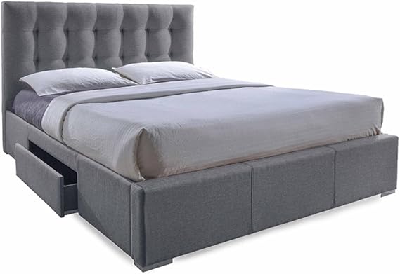 Baxton Studio Sarter Contemporary Grid-Tufted Fabric Upholstered Storage Bed with 2 Drawers, Queen, Grey
