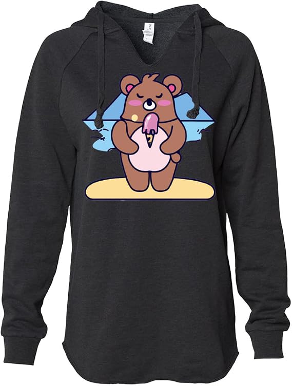 Kawaii Grizzly Bear Eating Ice Cream Women's Soft Hooded Pullover