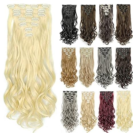 IMISSU 22 Inch 7PCS Set Long Curly Clip in Hair Extensions Natural 16 Clips Full Head Hair Extension Hairpiece for Girl (613 Blonde)