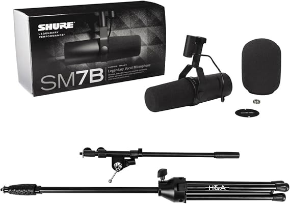 Shure SM7B Cardioid Dynamic Studio Vocal Microphone, with Standard & Close-Talk Windscreens - with Samson MK10 Lightweight Boom Mic Stand