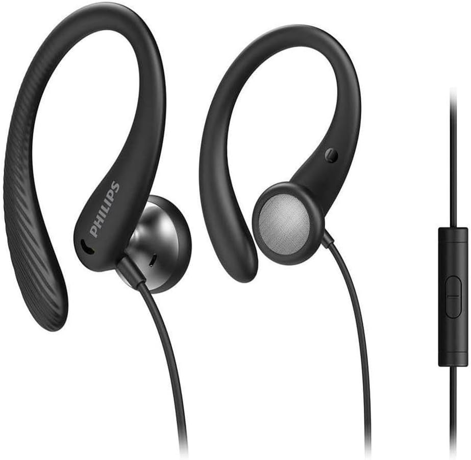 Philips A1105 In-Ear Sport Wired Headphones with Ear Hooks Secure Fit Deep Bass In-Line Remote and Microphone Sweatproof 3.5mm Connector TAA1105BK